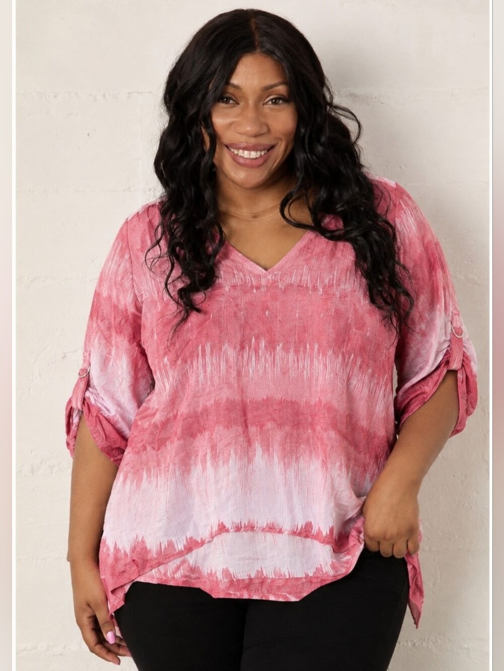 Zac & Rachel Women Plus Size Pink Tie-Dye Ombre V-Neck Roll-Tab Relaxed Tunic 3X